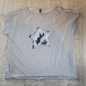 Women's Light Gray Short Sleeve Top with Sequin Star Accent